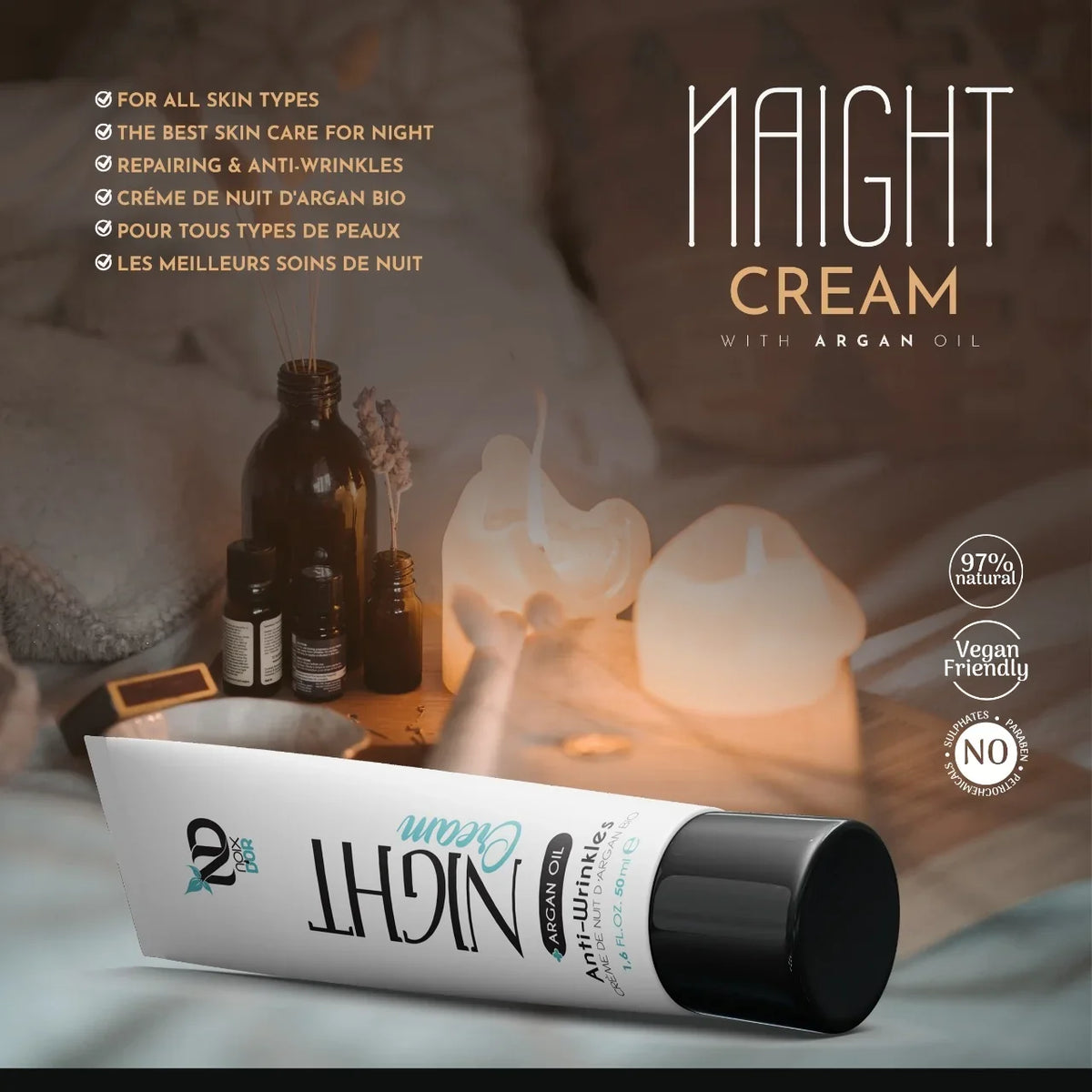 Noix d'Or Night Cream with Argan Oil for repairing and anti-wrinkles on a spa background
