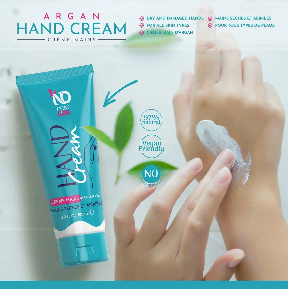 Noix d'Or Argan Hand Cream tube and application on hand with 97% natural and vegan labels.