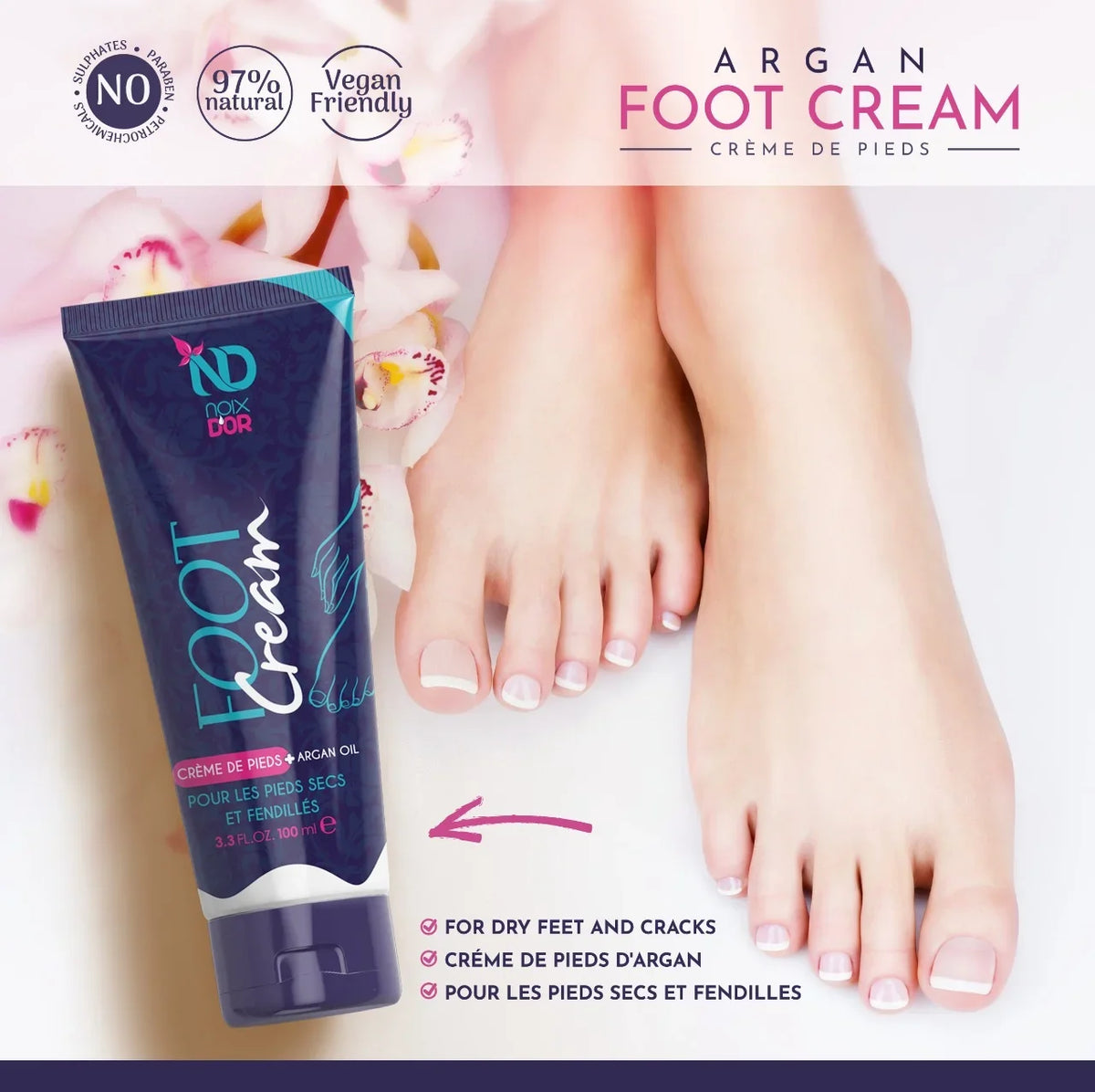 Noix d'Or Argan Foot Cream tube next to smooth feet for dry and cracked skin care.