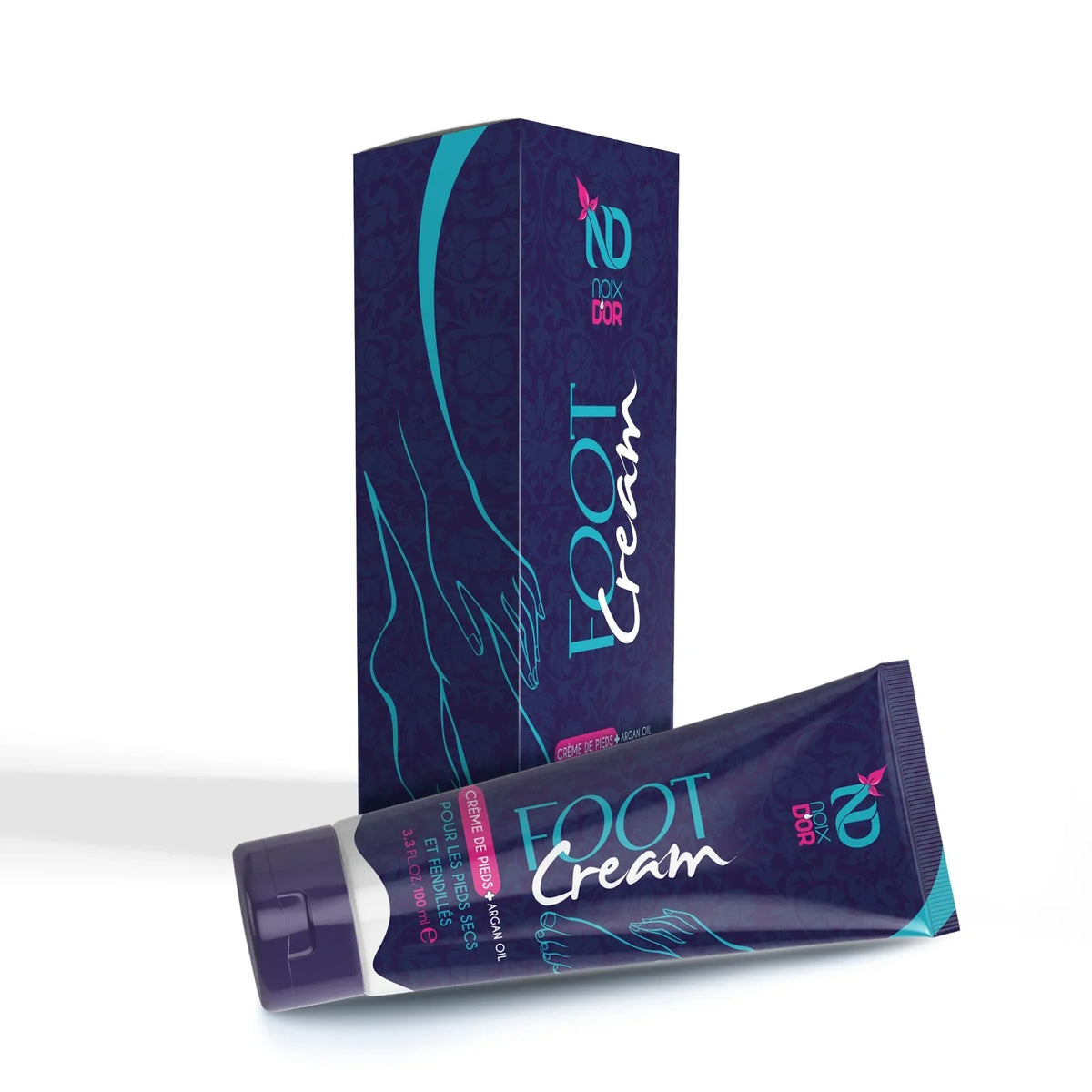 Noix d'Or Argan Oil Foot Cream tube and packaging in deep blue.