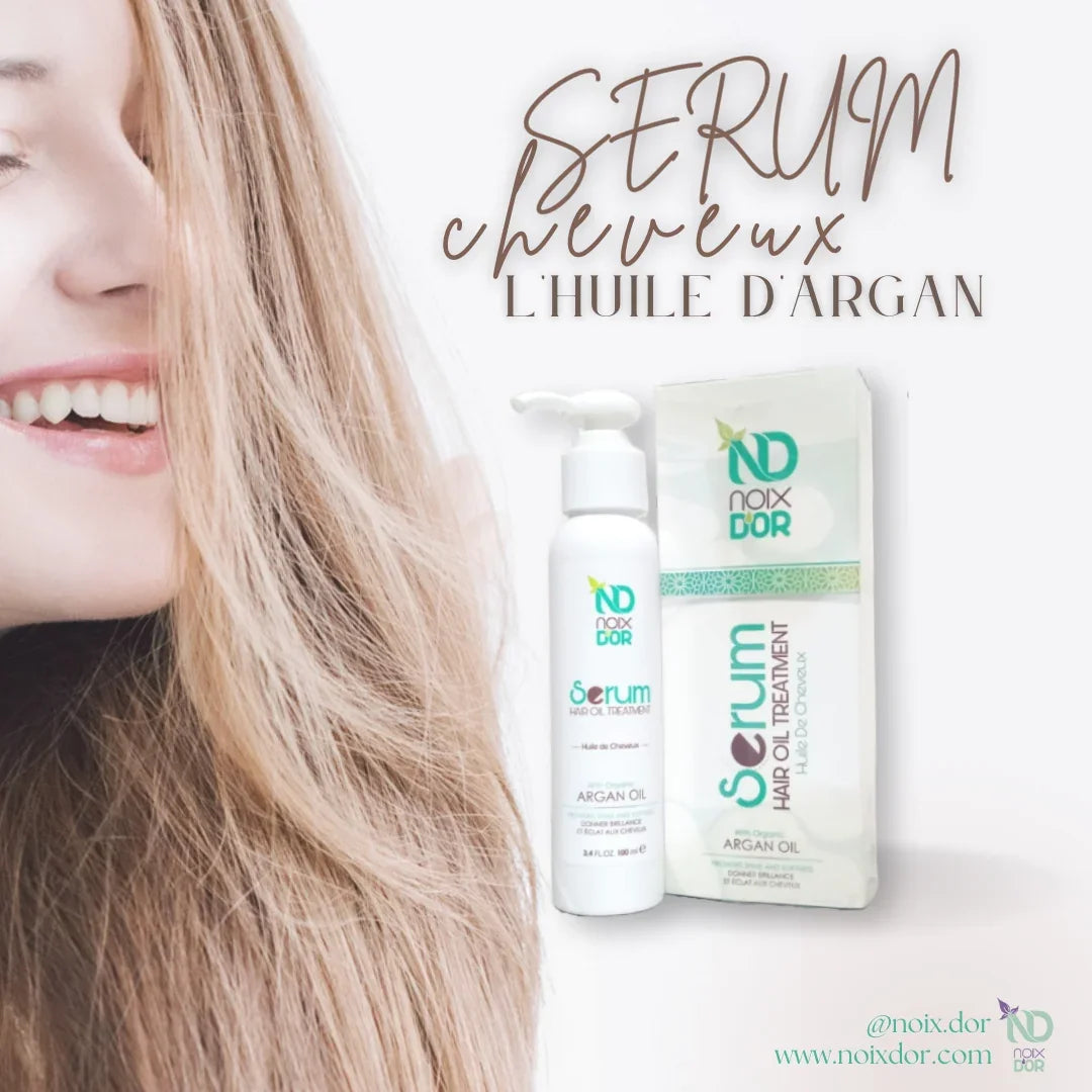 Noix d'Or Argan Oil Hair Serum bottle and box next to a smiling woman with long blonde hair.