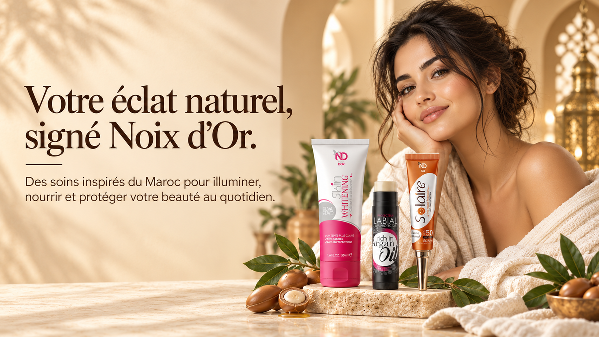 Woman with Noix d'Or skin whitening cream, argan oil lip balm, and solaire sunscreen.