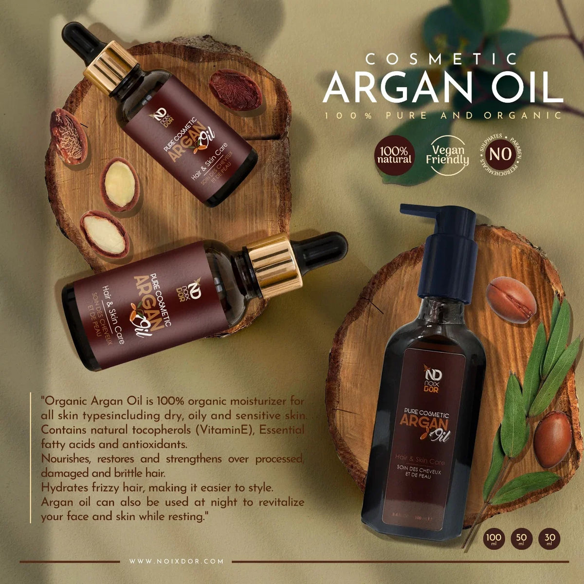 Noix d'Or pure organic cosmetic argan oil bottles for hair and skin care on wooden slices.
